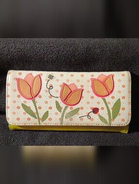 Kim Rogers Green, Pink & Cream w/Floral, Bee & LadyBug Design Tri-Fold Wallet